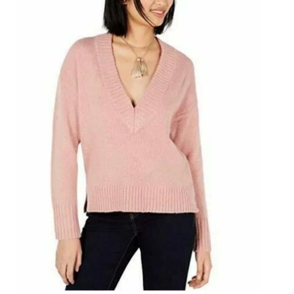 Bar III Blush High V-Neck Wool Blend Sweater Ribbed Sz L NWT  Feminine